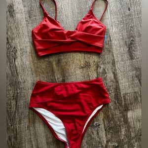 Cupshe Coral Red Bikini Set With Criss Cross
